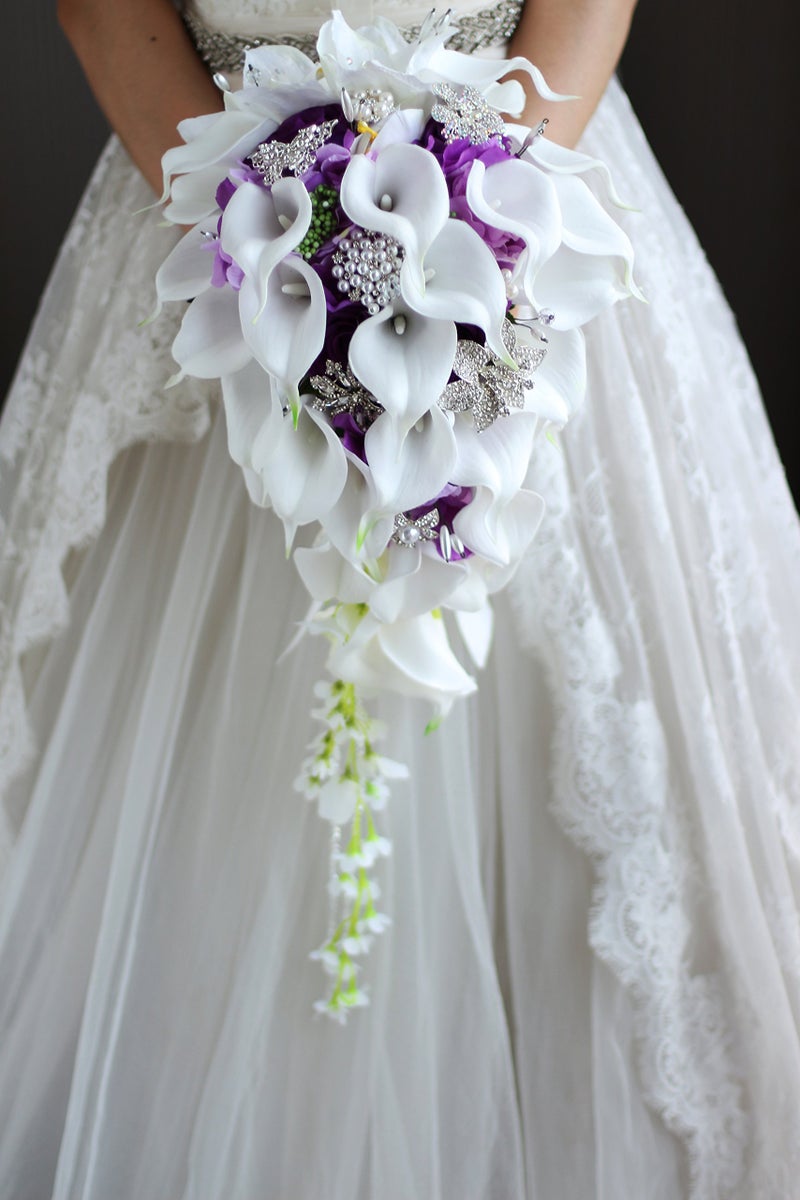 IFFO New Bridal Bouquet, Wedding Flowers, Calla Lilies, Artificial Flowers, Waterfalls, Water Drop Style, Collection Decorations (Purple) - Image 1